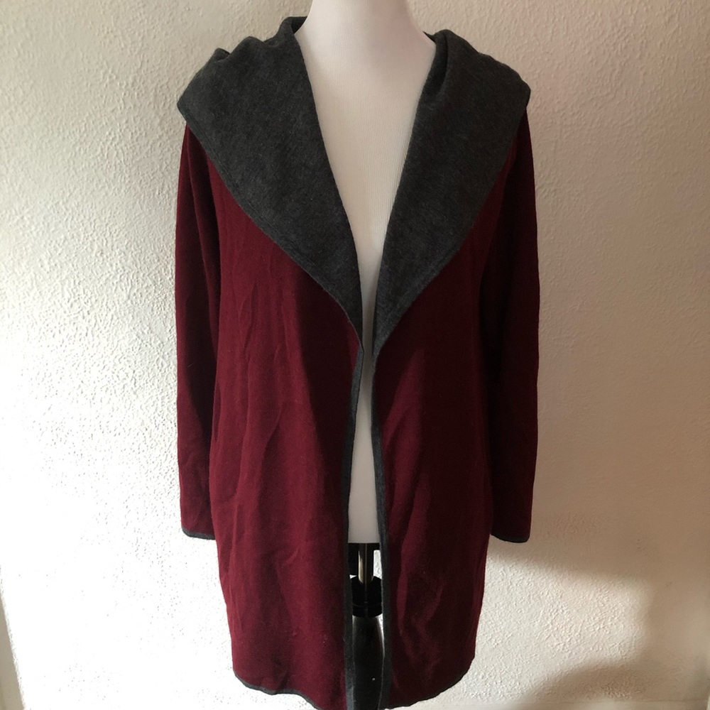 Blanc Noir Maroon Hooded Long Knit Wool Cardigan:S
